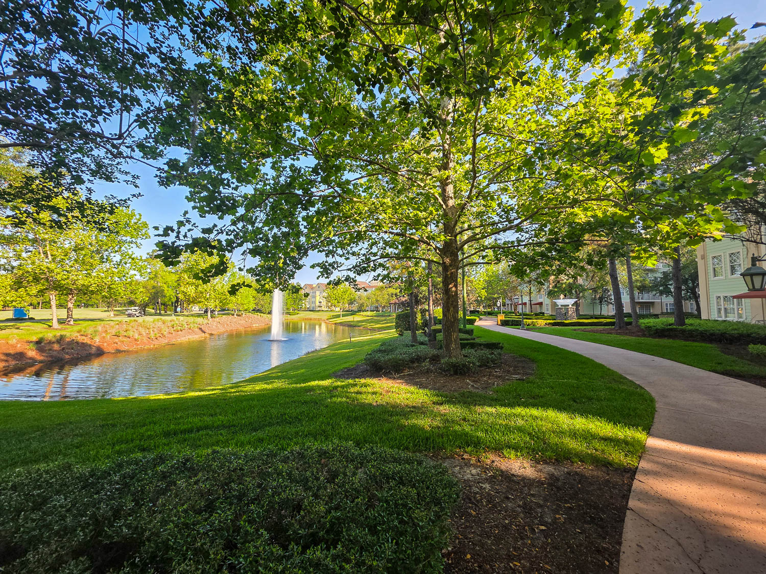 Manicured gardens and pathways at Disney’s Saratoga Springs Resort