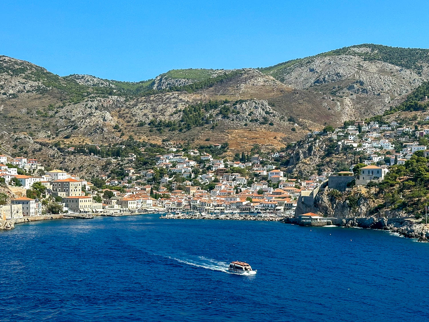 Tenders to and from the cruise ship Hydra Harbor, Greece