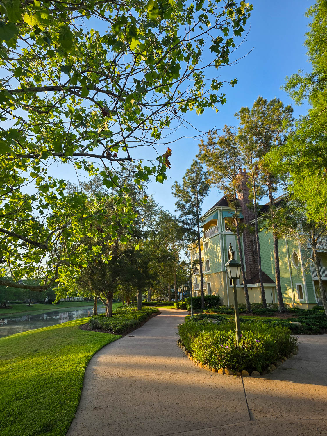 Wide paved walkway inside Disney’s Saratoga Springs Resort