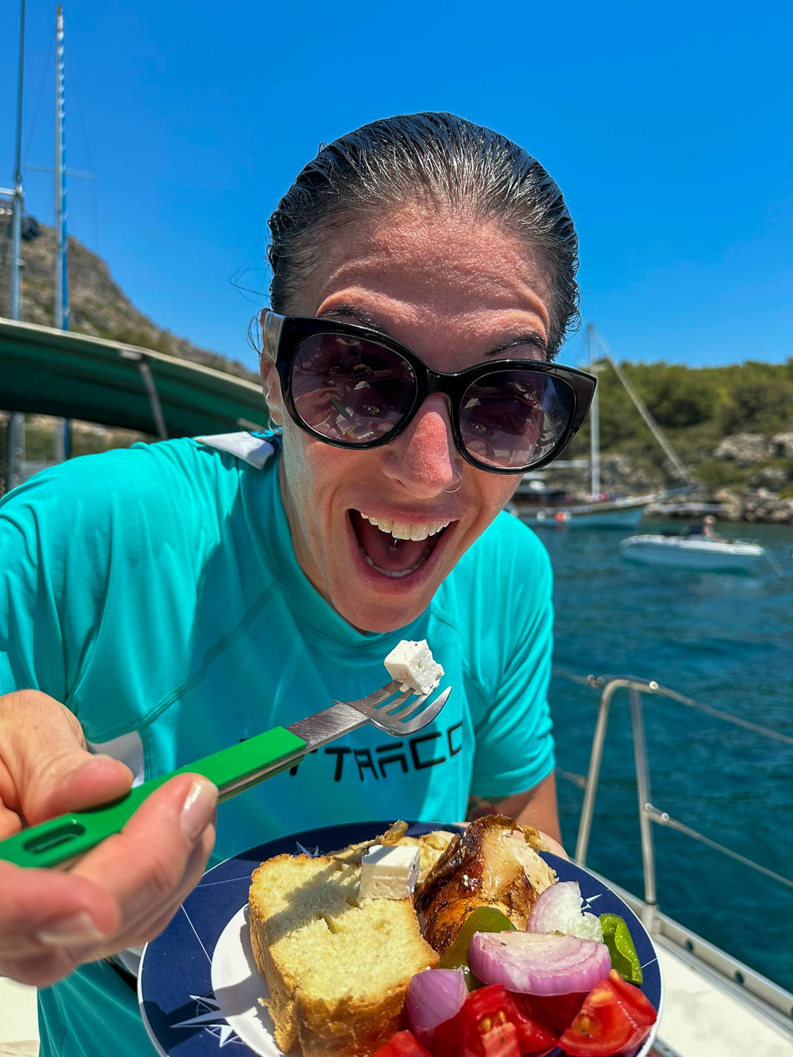 Traditional Greek lunch aboard our boat at Ladiko Beach