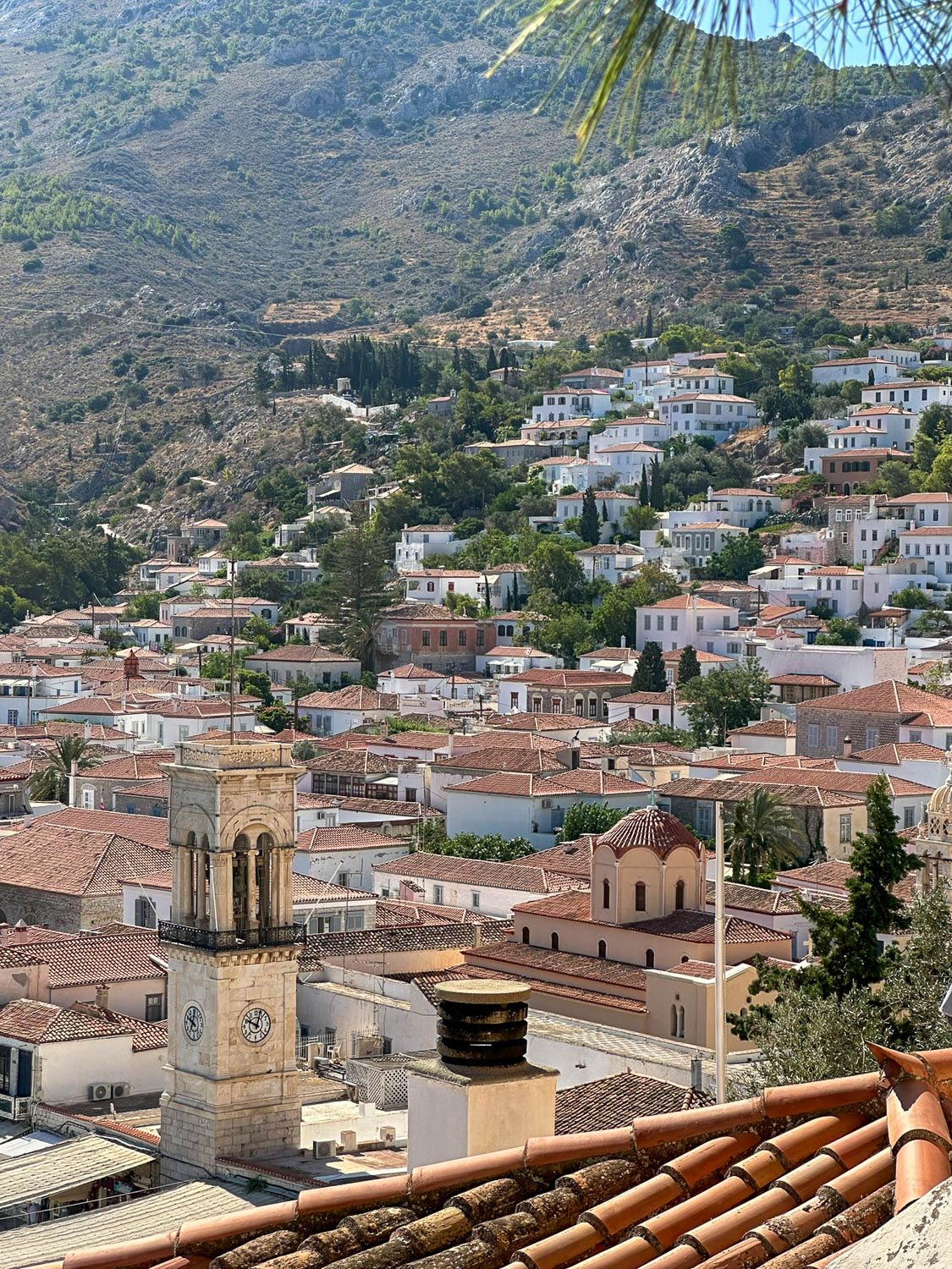 The red-tiled roofs of traditional houses Hydra Town, Greece