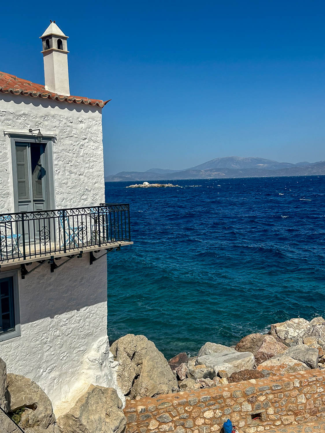 View out toward the Agios Nikolaos chapel Hydra, Greece