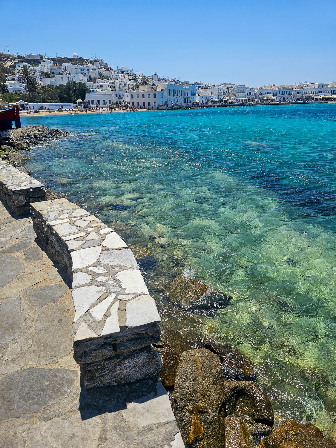 View toward Old Port Beach near Mykonos Town (Mykonos, Greece)