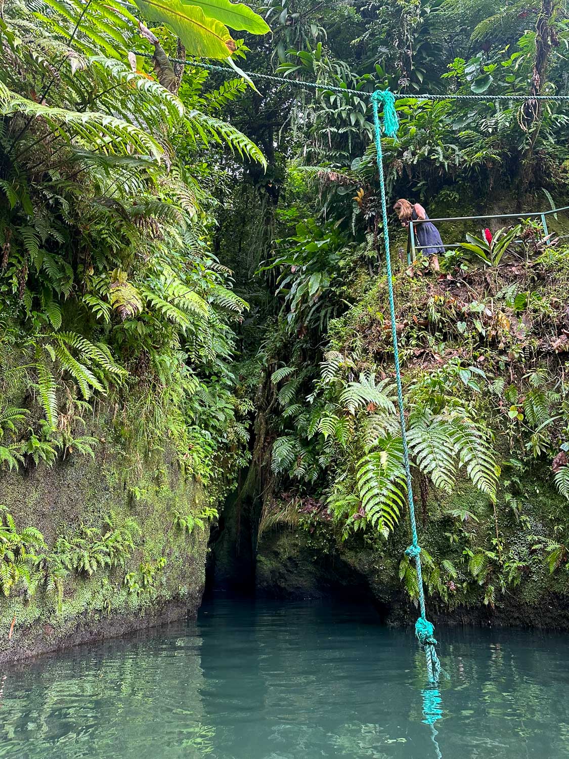 Entrance area to Titou Gorge with swimmers preparing to enter the canyon waters in Dominica