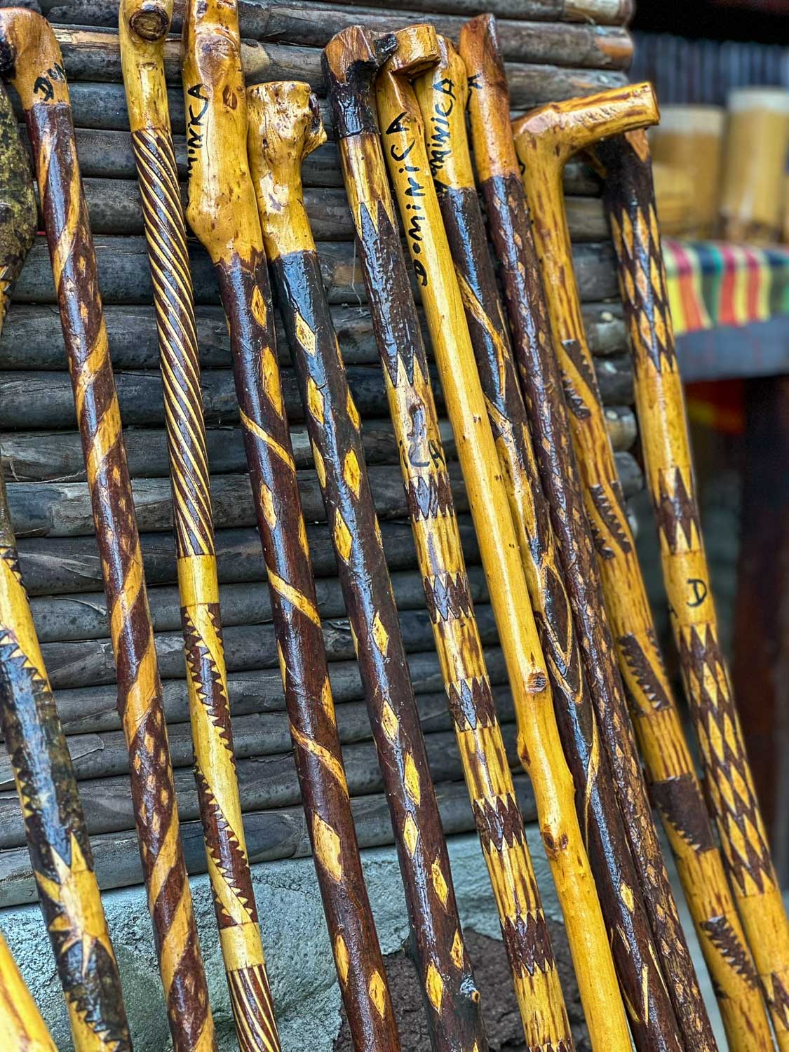 Handcrafted walking sticks and hiking poles used by hikers in Dominica