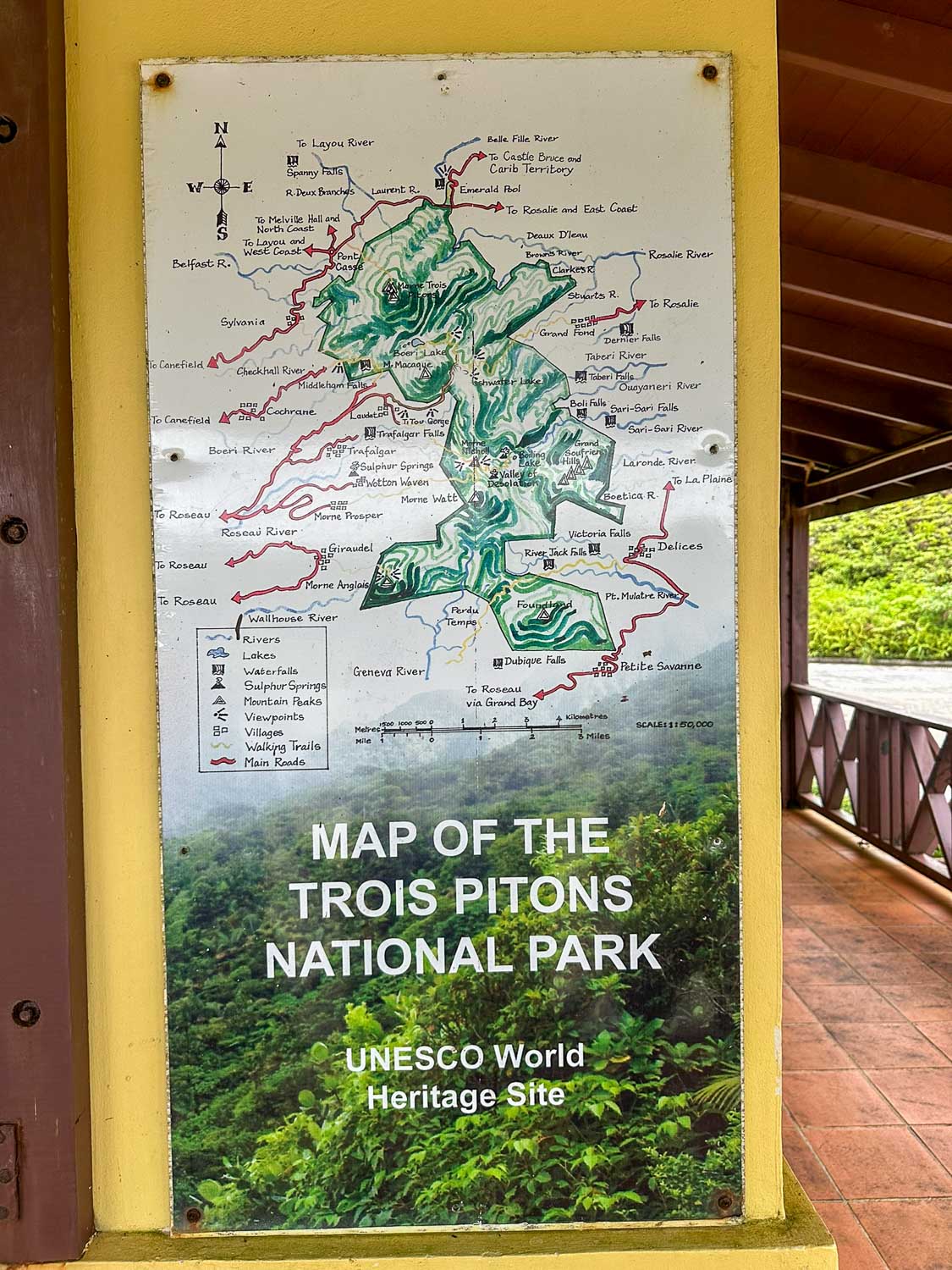 Map showing major attractions and trails within Morne Trois Pitons National Park in Dominica