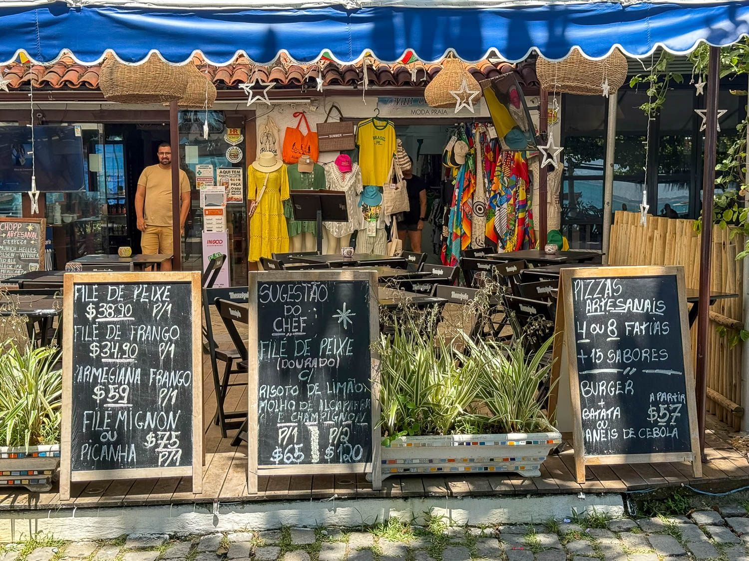 Local Brazilian restaurant menu showcasing variety and character of Brazilian cuisine in Buzios Brazil