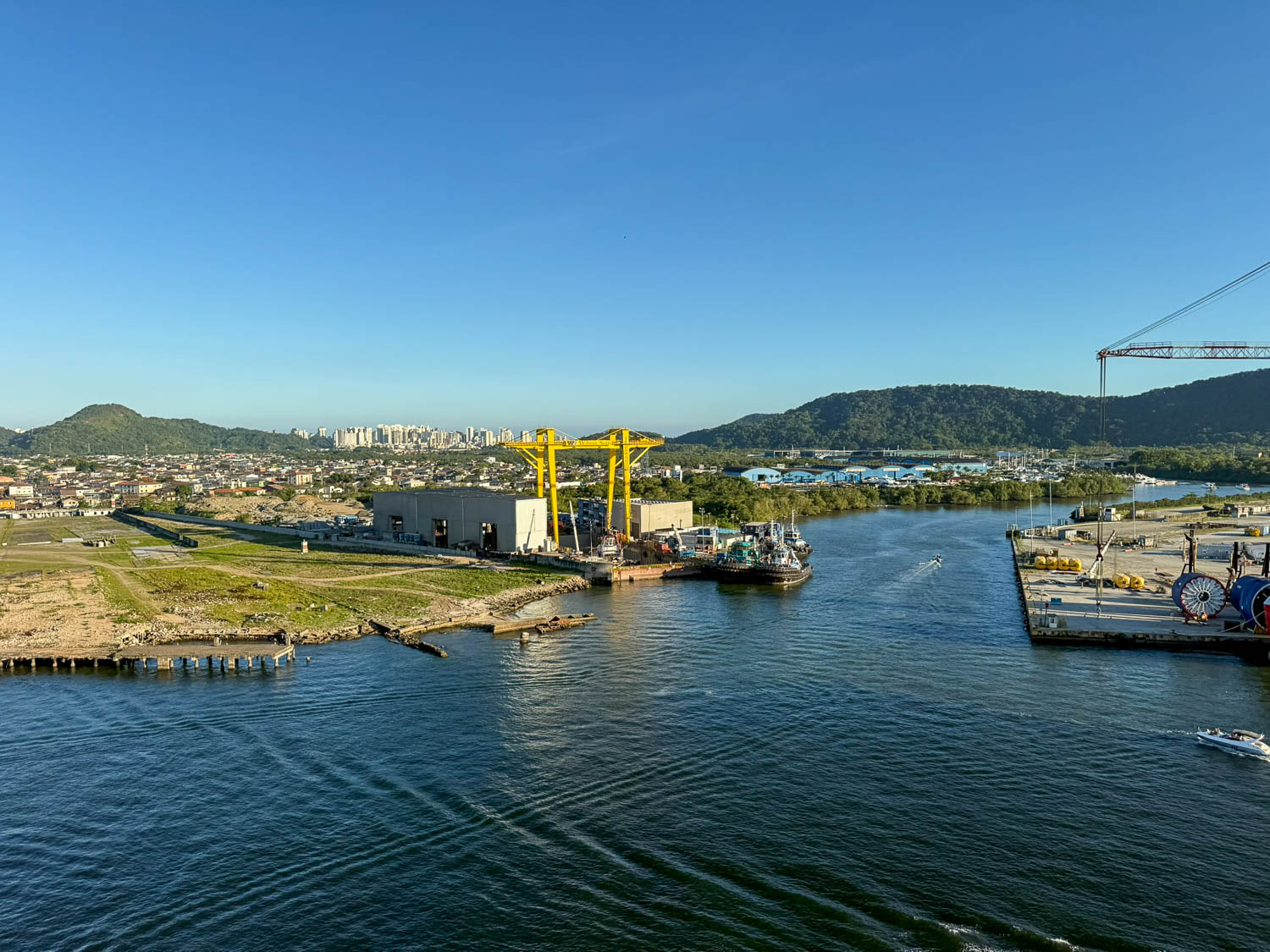 Cruise ship departing the Port of Santos and sailing along Brazil’s southeastern coastline.