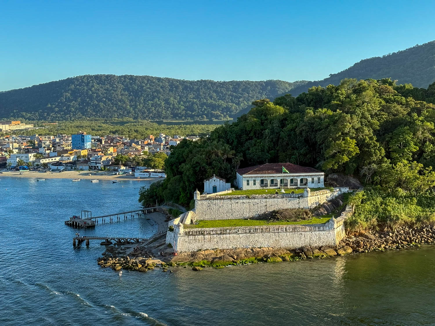 Forte dos Andradas overlooking the coastline in Santos, Brazil, a historic military fort near the Port of Santos.