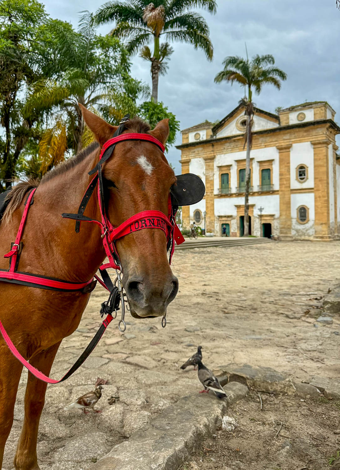 Horse-drawn cart traveling through the cobblestone streets of Paraty historic center in Brazil