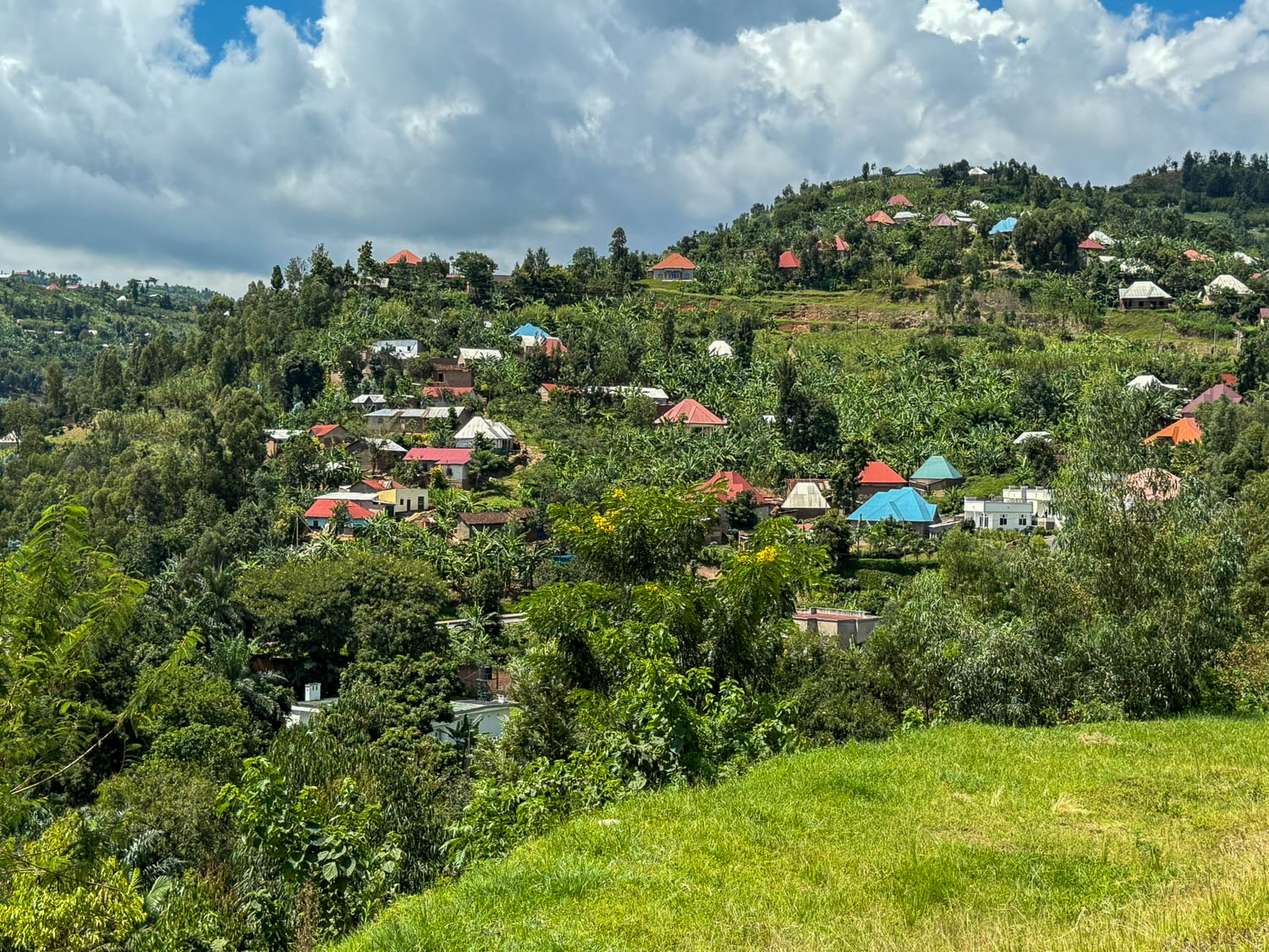 Lush green hills surrounding Lake Kivu in western Rwanda