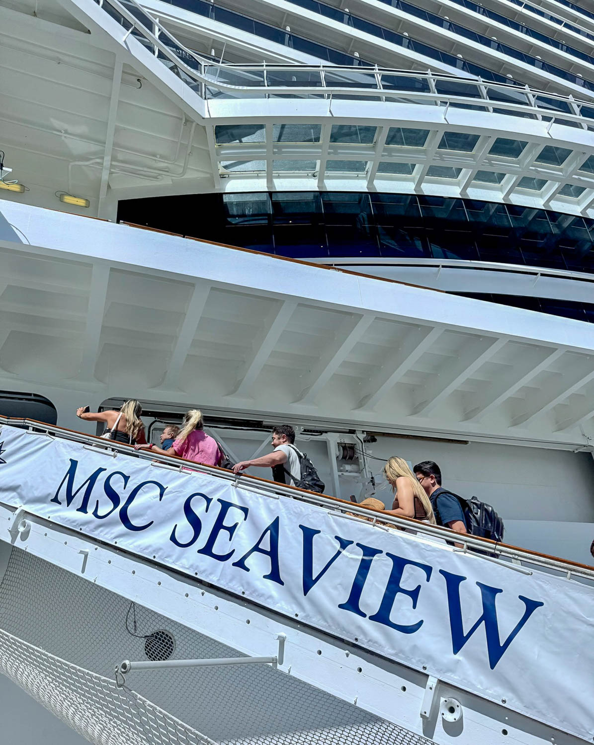 MSC Seaview cruise ship docked at the Port of Santos in Brazil during embarkation.