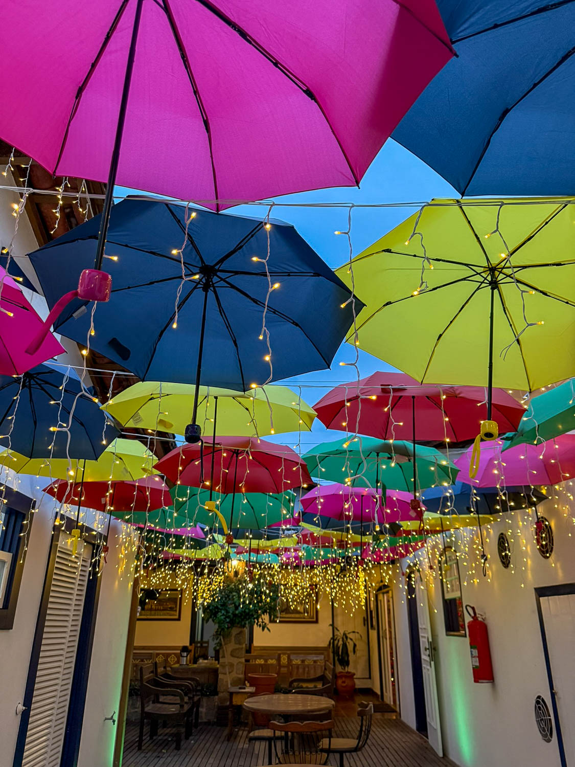 Evening lights illuminating the cobblestone streets of Paraty historic center at night
