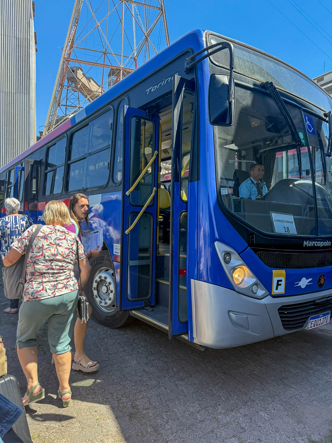 Buses transporting cruise passengers to the ship’s gangway at the Port of Santos cruise terminal in Brazil.