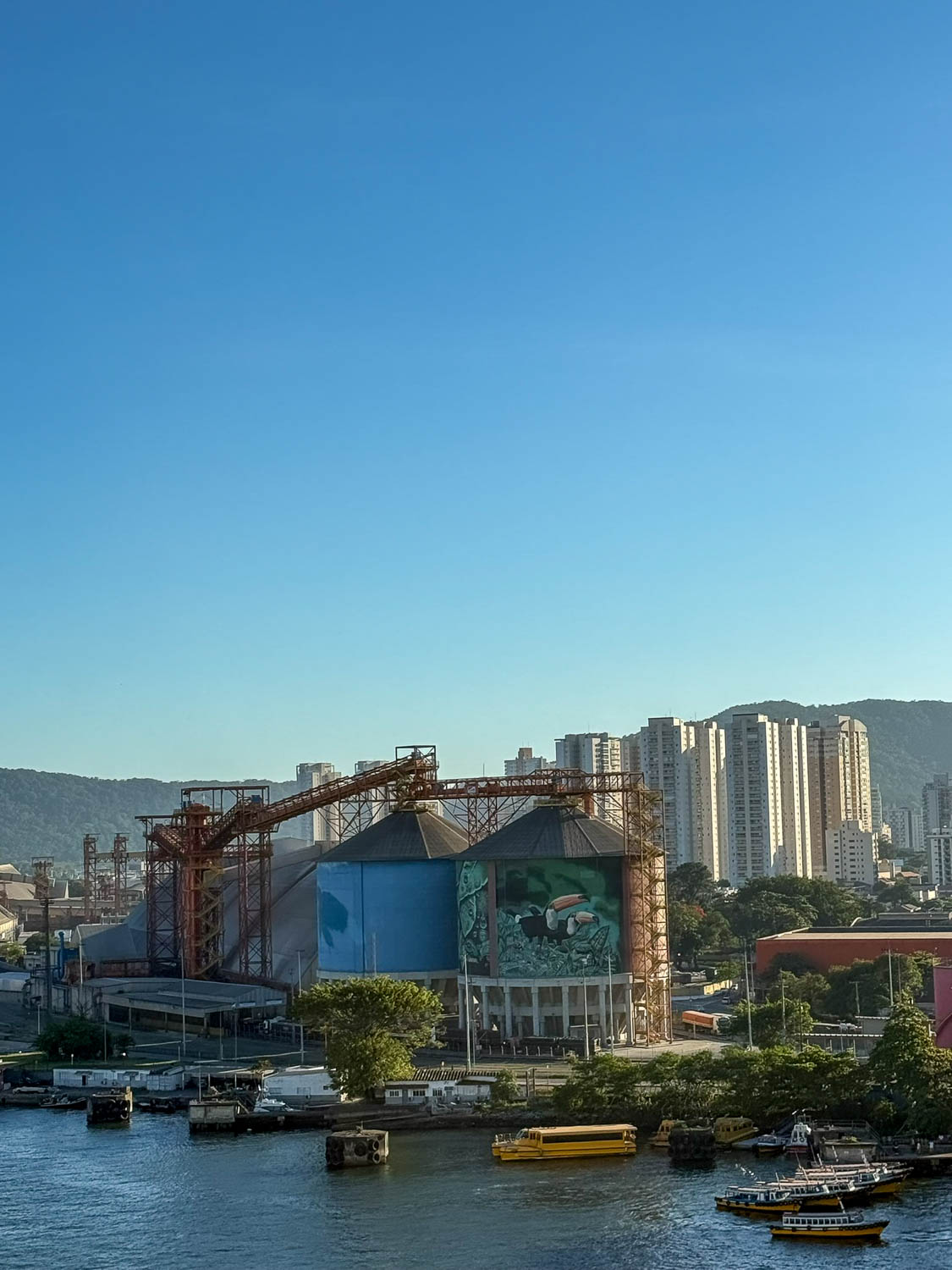 View from a cruise ship sailing out of the Port of Santos, showing multiple cargo terminals and active port operations.