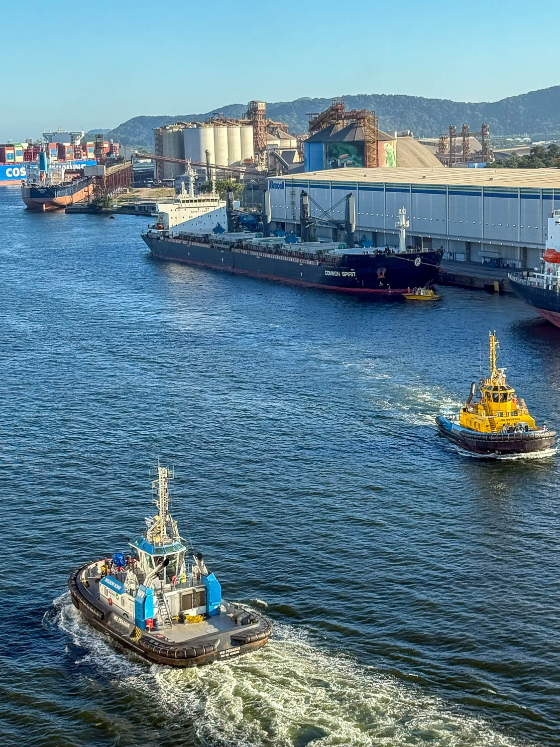 Small tugboats operating in the estuary at the Port of Santos, Brazil, assisting large cargo ships.