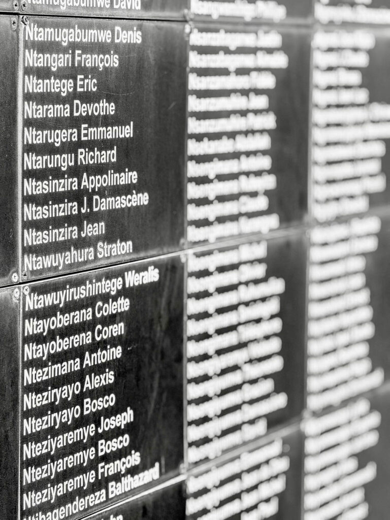 Names of genocide victims displayed at the Kigali Genocide Memorial in Rwanda, honoring lives lost in 1994