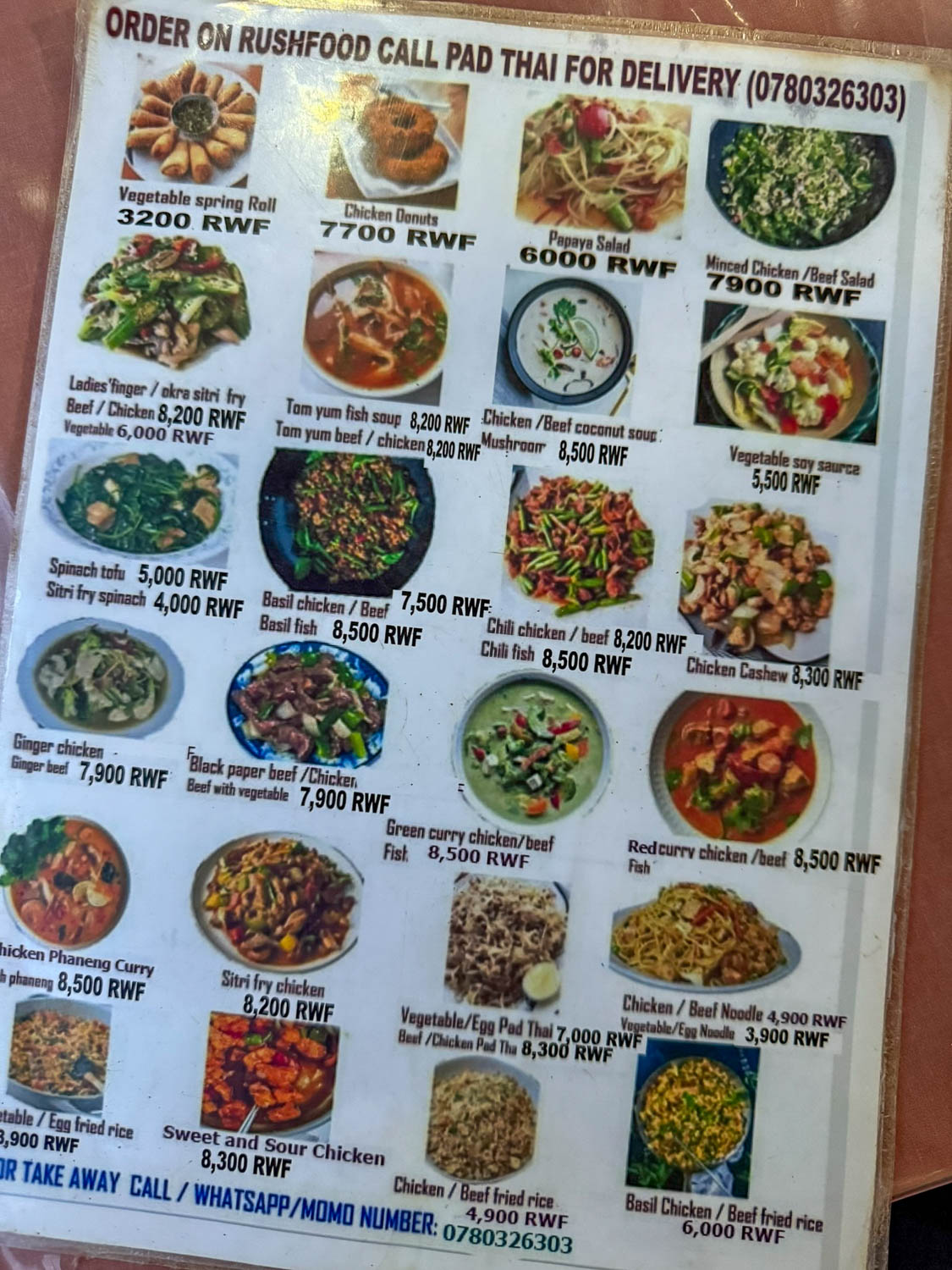 Thai menu in Kigali highlighting international food options beyond traditional Rwandan cuisine