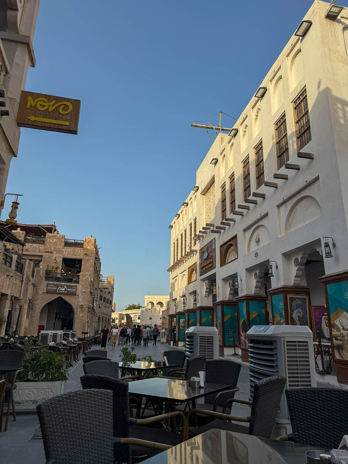 Outdoor café seating at Souq Waqif in Doha Qatar offering rest areas and dining options for visitors