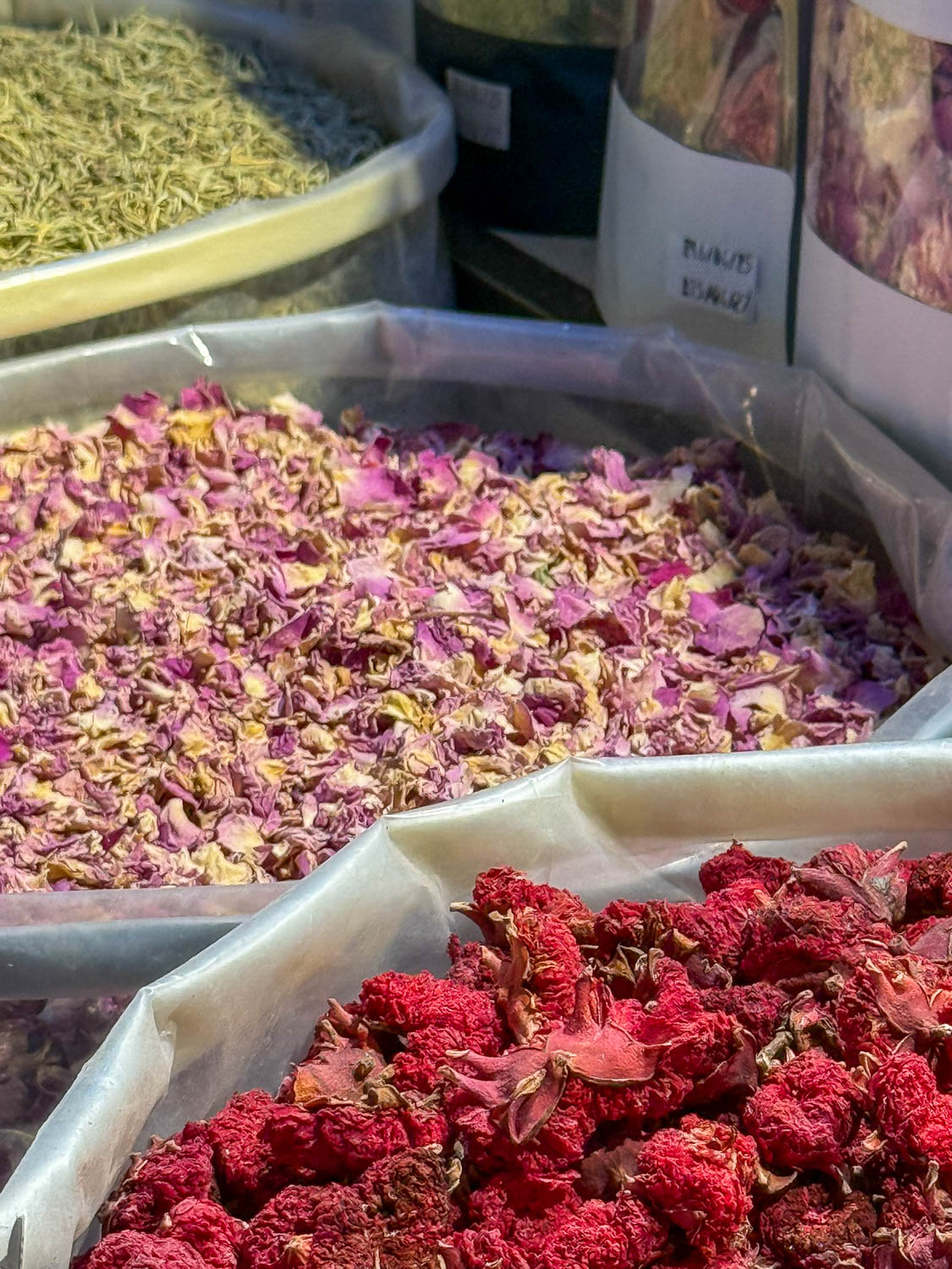 Traditional spices and dried teas for sale at Al Wakrah Central Market in Qatar