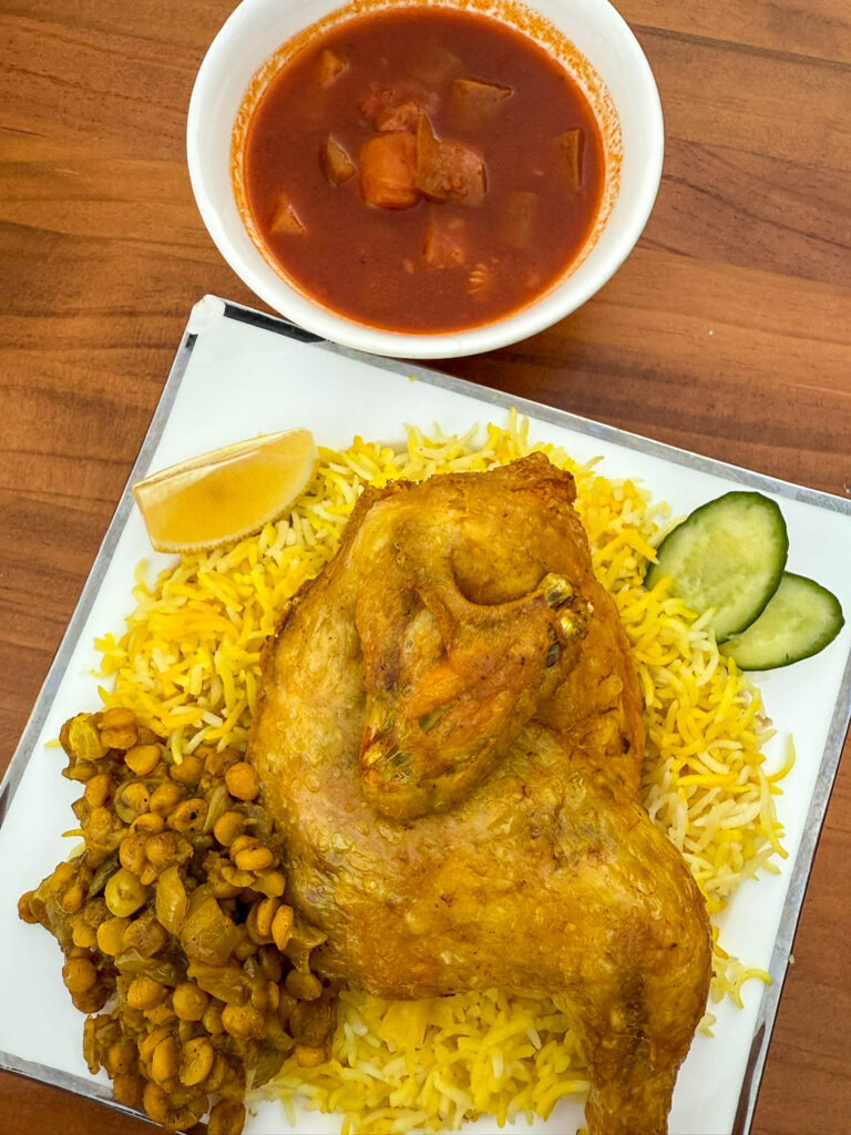 Traditional chicken machboos served at Baith Maryam Brothers restaurant in Doha Qatar