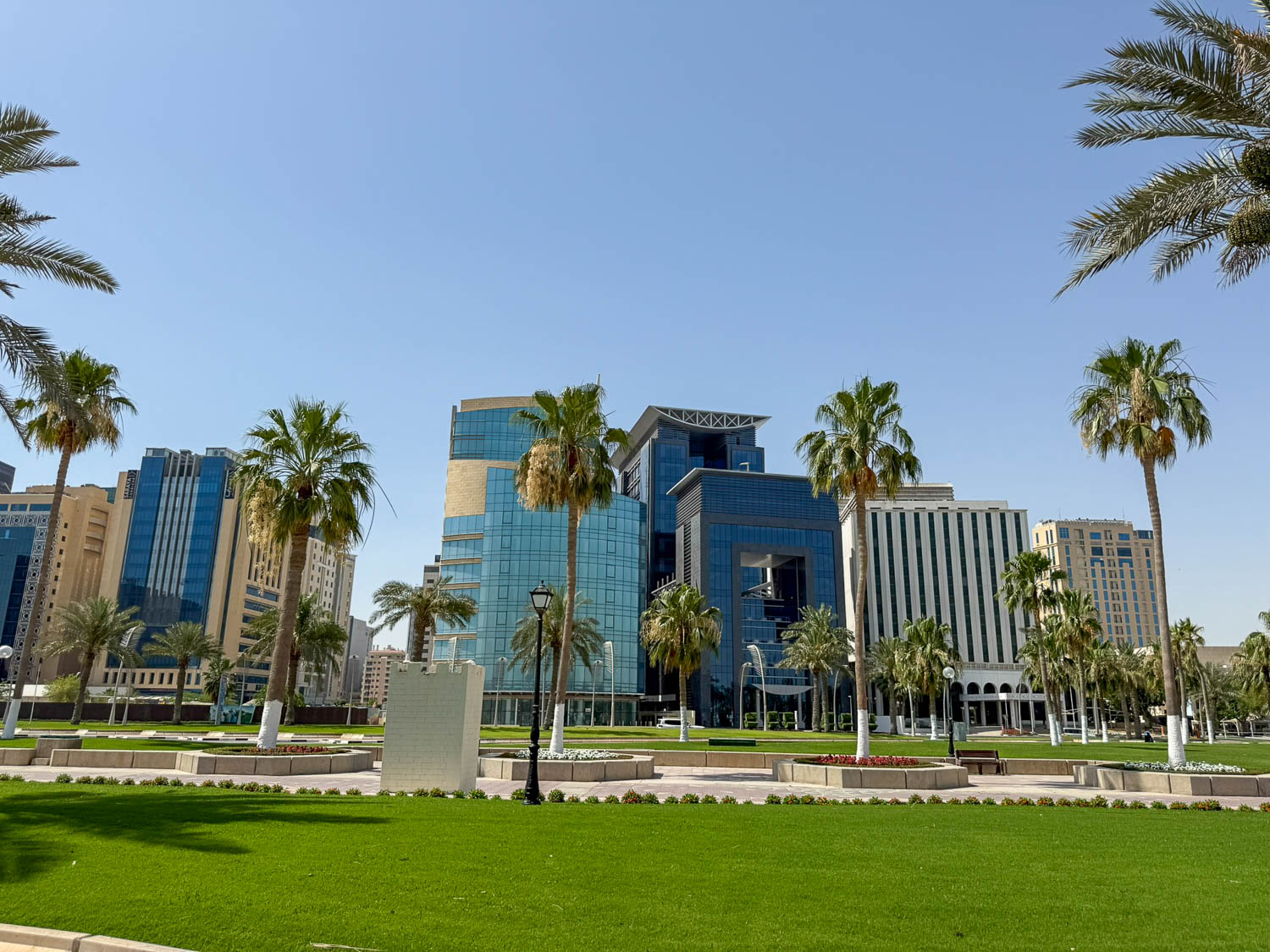 Downtown Doha skyline viewed from the Doha Corniche waterfront promenade in Qatar
