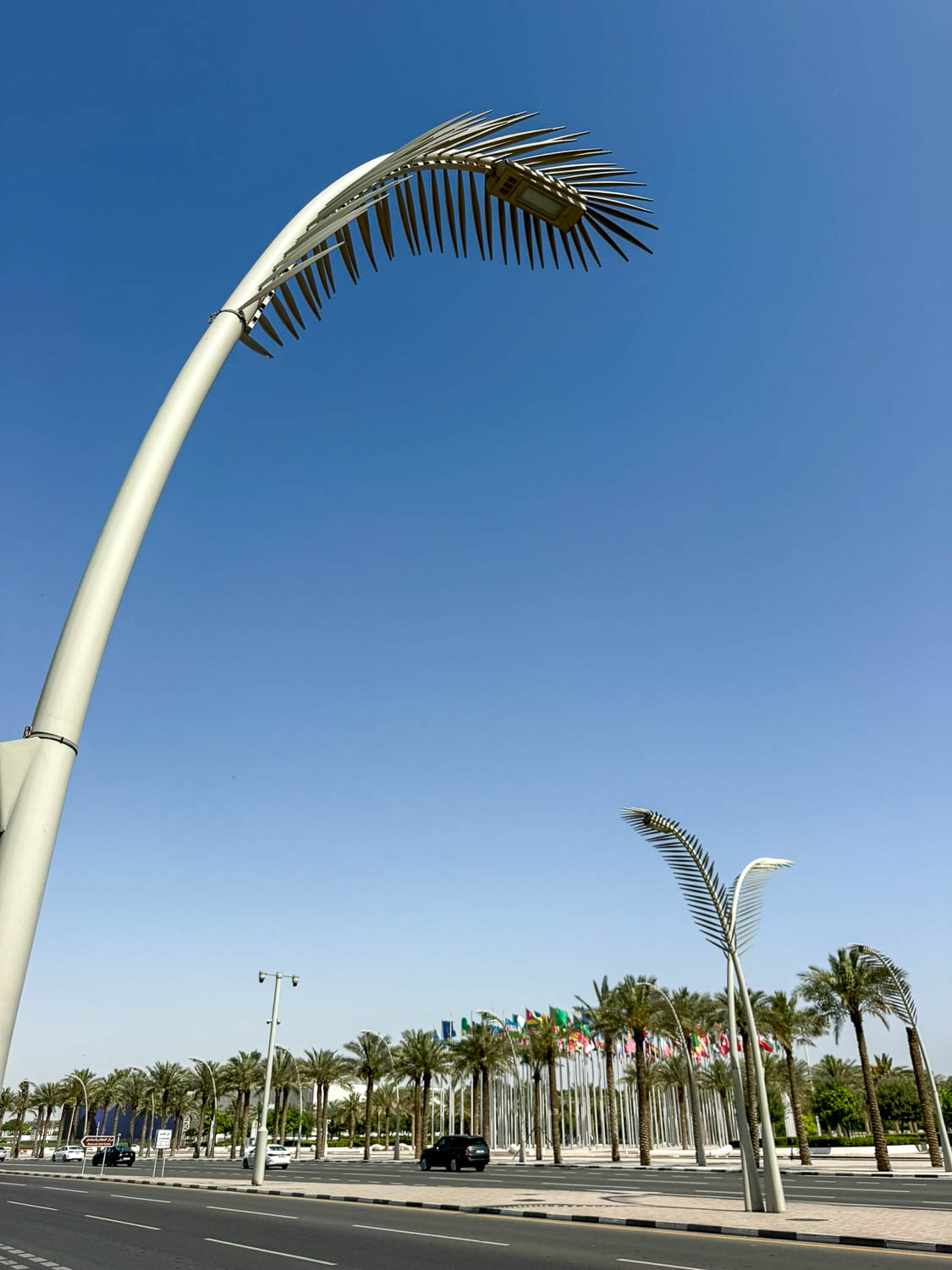 Palm-frond-inspired street lights along the Doha Corniche roadway in Doha Qatar