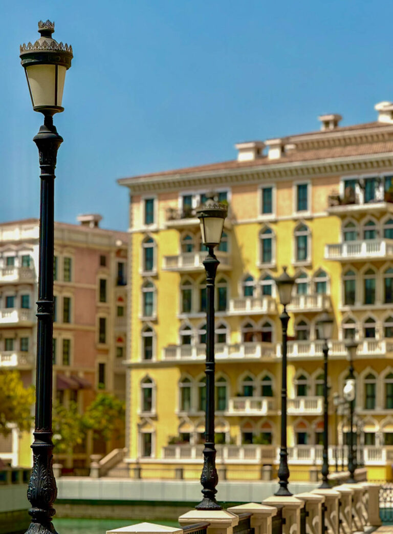 Colorful Venetian-inspired buildings in Qanat Quartier at The Pearl Qatar