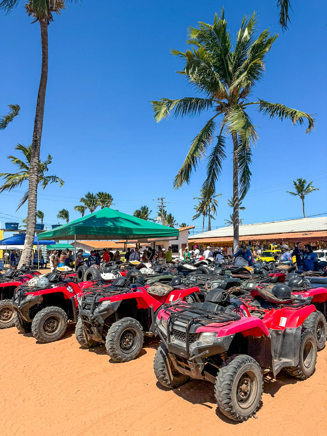 Beach buggies parked on the sand at Praia do Gunga near Maceio, Brazil