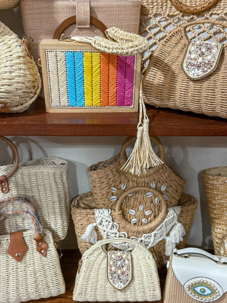 Local artisan accessories for sale at a handicraft market while shopping in Maceio Brazil